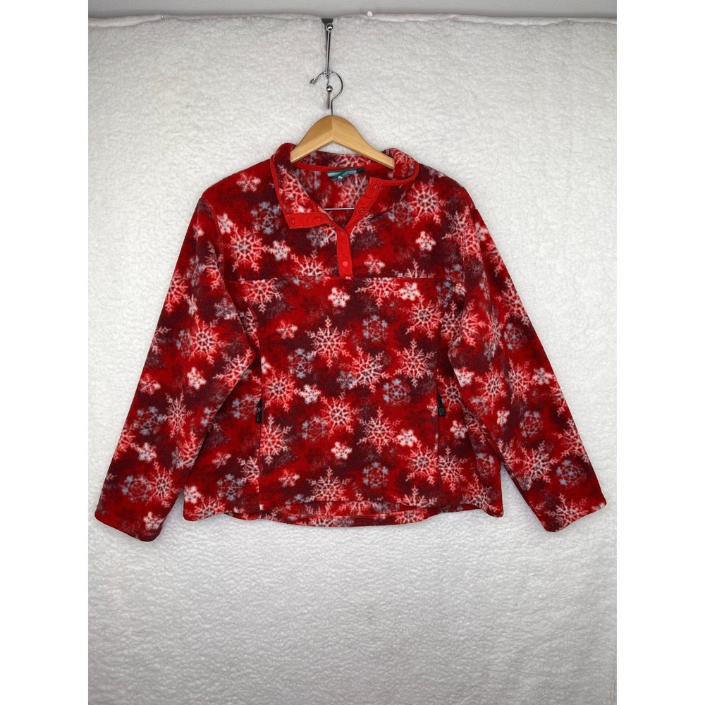 LL Bean Womens 2X Red Snowflake Polartec Fleece Snap Neck Pullover OPG21